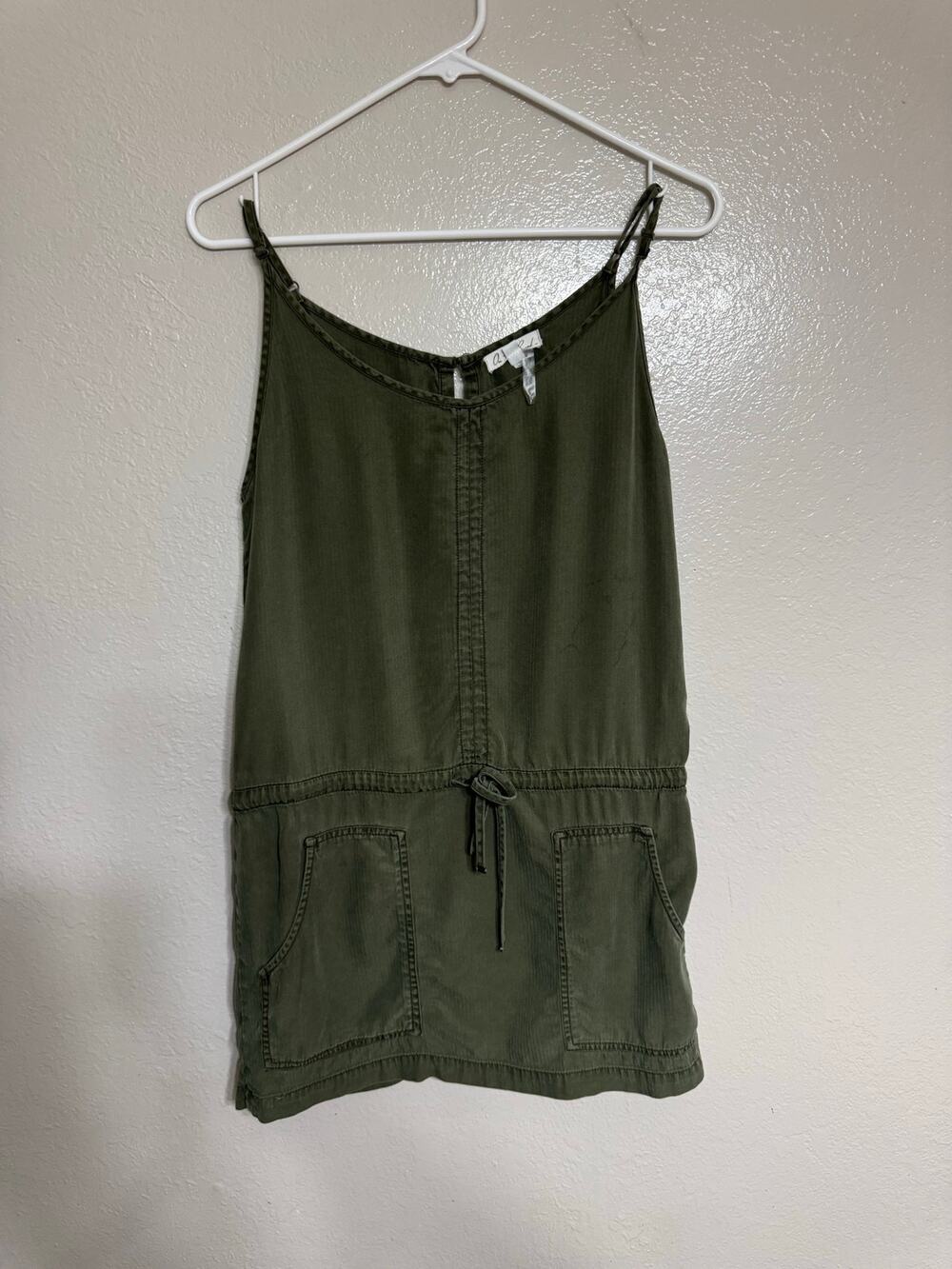 On the Road XS Olive Green Tencel Sleeveless Utility Mini Dress Pockets Boho